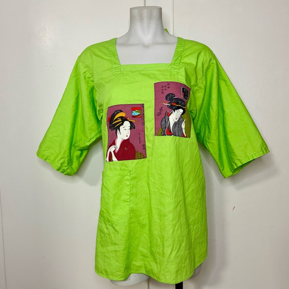 Vintage 70s Neon Green Tie Back Smock Tunic Japanese Geisha Appliqué